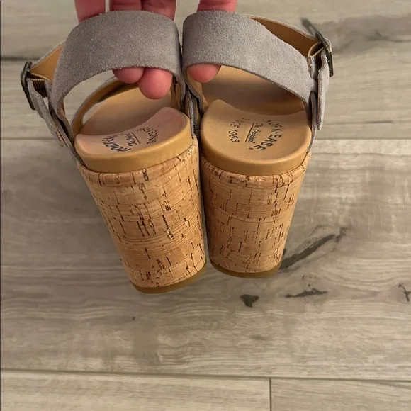 Kork-Ease Gray Suede Leather + Tan Crisscross Ankle Strap Cork Wedge Sandals - Picture 6 of 9